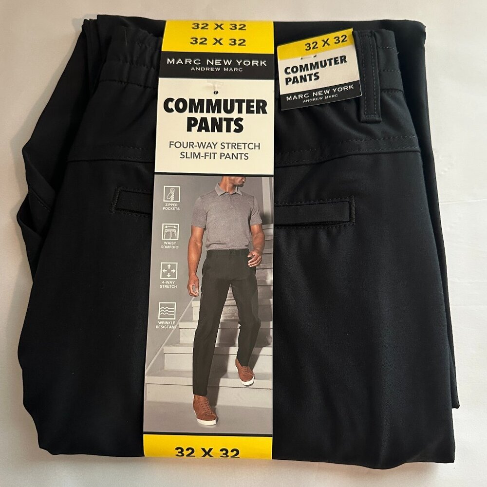 New Marc New York Commuter Pant Men's 32X32 Black Wrinkle Free Stretch Slim Fit